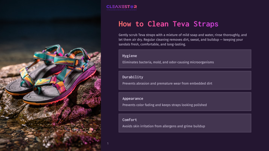 1 How To Clean Teva Straps Colorful Teva Sandals Rest On Wet, Purple Rocks Near Water, With A Cleanestor Logo And Instructions On How To Clean Teva Straps.