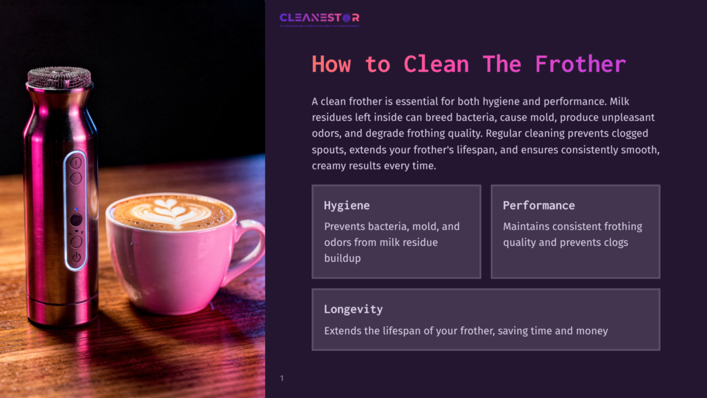 A Sleek, Silver Milk Frother Stands Next To A Pink Ceramic Mug Filled With A Latte, Showcasing Latte Art. The Text &Quot;How To Clean The Frother&Quot; Is Visible.