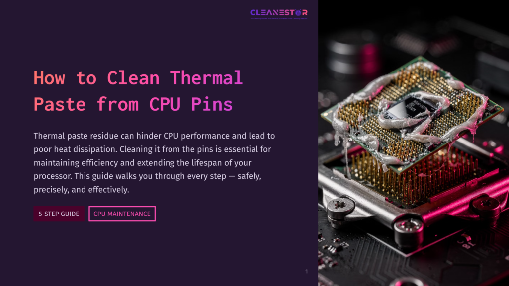 Close-Up Of A Cpu With Old Thermal Paste Residue On Its Pins, On A Dark Motherboard Background. Text Reads &Quot;Cleanestor&Quot; And &Quot;How To Clean Thermal Paste From Cpu Pins&Quot;.