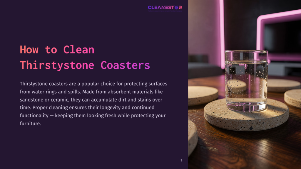 A Close-Up Of A Glass Of Water On A Round, Absorbent Thirstystone Coaster On A Wooden Table, With More Coasters Visible. The Background Is Dark With A Pink Neon Glow.