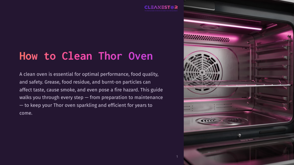 Interior Of A Clean, Modern Thor Oven With Bright Pink Interior Lighting, Showcasing Stainless Steel Racks And A Fan. Text Overlay Reads &Quot;How To Clean Thor Oven&Quot;.