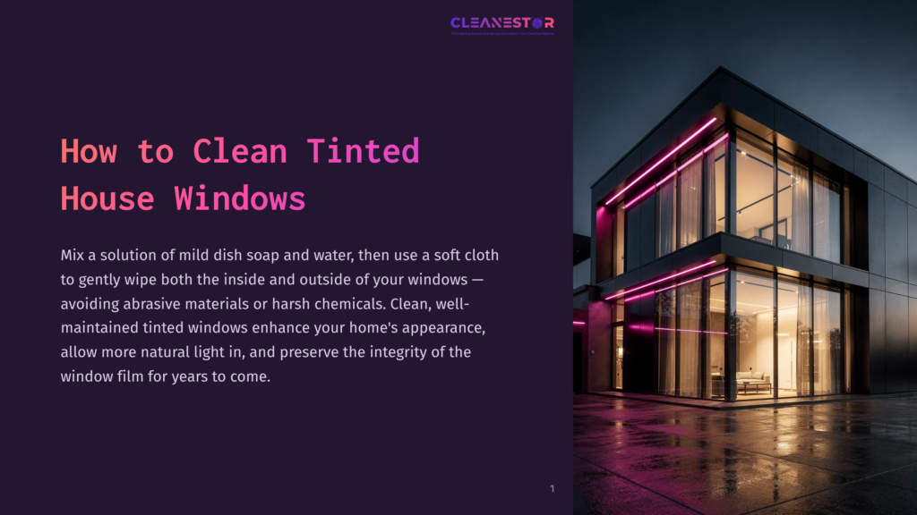 Modern House With Tinted Windows Illuminated By Pink Neon Lights At Night, Reflecting On Wet Pavement. Text Overlay Reads &Quot;Cleanestar: Pro Cleaning Solutions And Premium Home Services.