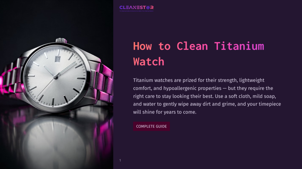 1 How To Clean Titanium Watch Close-Up Of A Silver Titanium Watch With A White Face And Date Window, Resting On A Dark, Reflective Surface With Purple Lighting.