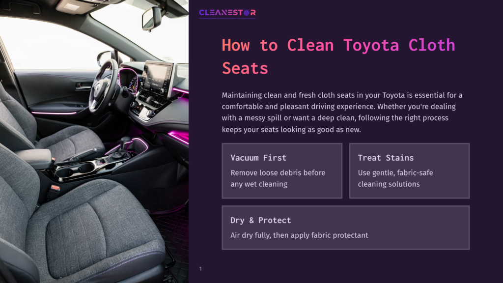Interior Of A Modern Toyota Car, Showcasing Clean Cloth Seats And Ambient Purple Lighting. Text Overlay: &Quot;How To Clean Toyota Cloth Seats&Quot; And Cleaning Tips.