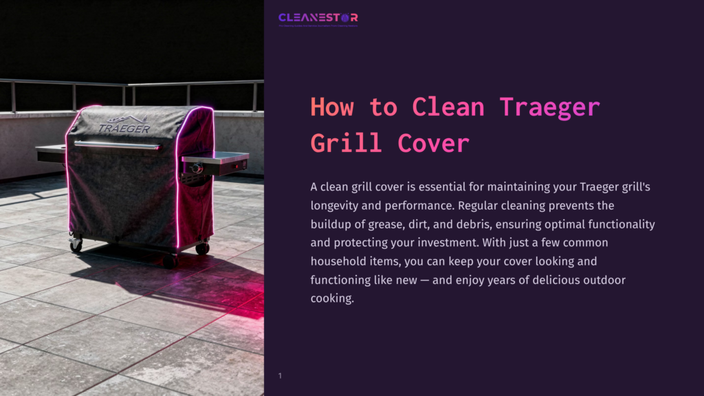 A Black Traeger Grill Cover With Pink Neon Trim Is Shown On A Patio, With The &Quot;Cleanestor&Quot; Logo And &Quot;How To Clean Traeger Grill Cover&Quot; Text On The Right.