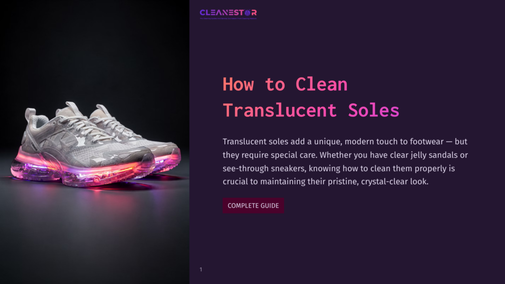 1 How To Clean Translucent Soles A Pair Of Translucent Sneakers With Glowing Pink And Purple Soles, Illuminated Against A Dark Background. The Text &Quot;Cleanestor&Quot; And &Quot;How To Clean Translucent Soles&Quot; Is Visible.
