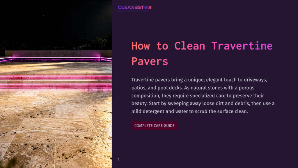 A Beautifully Lit Travertine Patio With Pink Led Lights, A Pool Deck, And Stairs At Night. The Text &Quot;How To Clean Travertine Pavers&Quot; Is Visible.