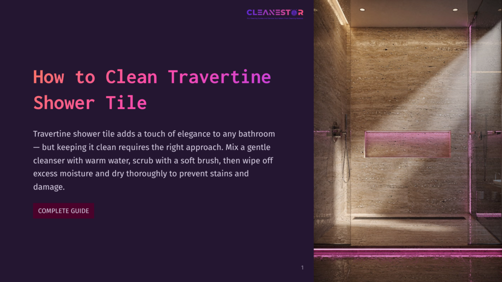 Modern Travertine Shower With Built-In Niche And Pink Led Lighting, Featuring A Glass Enclosure And A Sleek Drain. Text Overlay Reads &Quot;Cleanestor&Quot; And &Quot;How To Clean Travertine Shower Tile&Quot;.