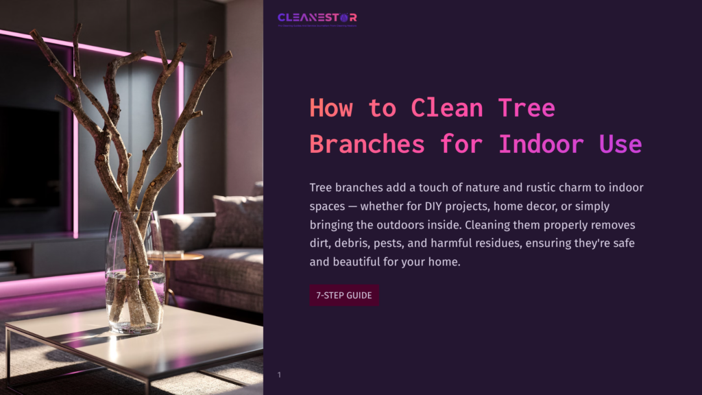 1 How To Clean Tree Branches For Indoor Use A Close-Up Of Dry, Bare Tree Branches In A Clear Glass Vase Filled With Water, Set On A Modern Coffee Table In A Living Room With Soft, Ambient Lighting. The Text &Quot;Cleanestor How To Clean Tree Branches For Indoor Use 7-Step Guide&Quot; Is Visible.