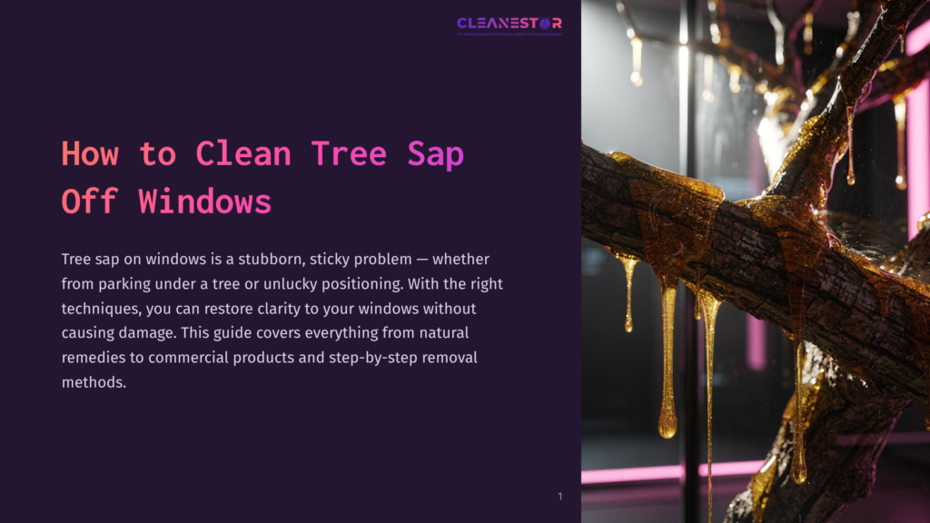Close-Up Of Sticky Tree Sap Dripping Down A Brown Tree Branch Against A Blurred Dark Background. The Text Overlay Reads &Quot;How To Clean Tree Sap Off Windows.