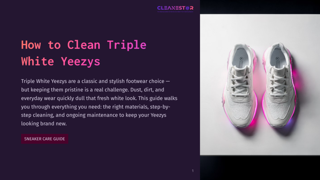A Pair Of Pristine White Yeezy Sneakers, Illuminated By Pink And Purple Neon Lights, Sit On A Clean White Surface. The Text &Quot;Cleanestor&Quot; Is Visible In The Top Right Corner.