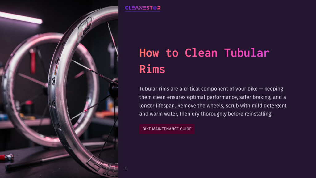 1 How To Clean Tubular Rims Close-Up Of Two Shiny Silver Bicycle Tubular Rims, One In Focus And The Other Slightly Blurred, With A Dark, Moody Background And The Text &Quot;Cleanestor&Quot; And &Quot;How To Clean Tubular Rims&Quot; Visible.