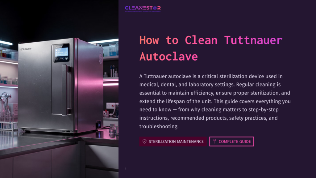 A Modern Tuttnauer Autoclave With A Digital Display Sits On A Stainless Steel Counter In A Laboratory, With Pink And Purple Lighting In The Background. The Text &Quot;Cleanestor&Quot; And &Quot;How To Clean Tuttnauer Autoclave&Quot; Is Visible.