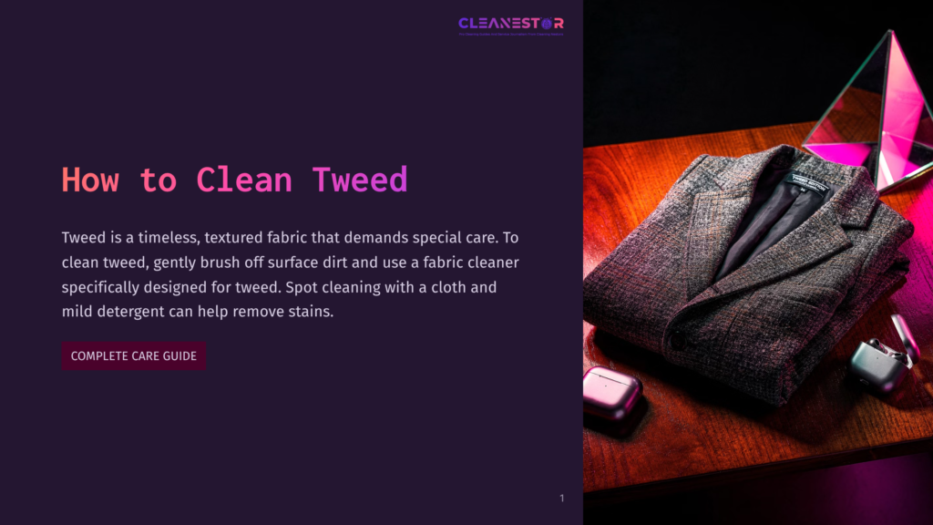 A Textured Tweed Blazer Lies On A Polished Wooden Surface, Next To A Pair Of White Wireless Earbuds. The Blazer Features A Subtle Pattern And A Dark Lining, With The &Quot;Cleanestar&Quot; Logo Visible On The Accompanying Text Overlay.