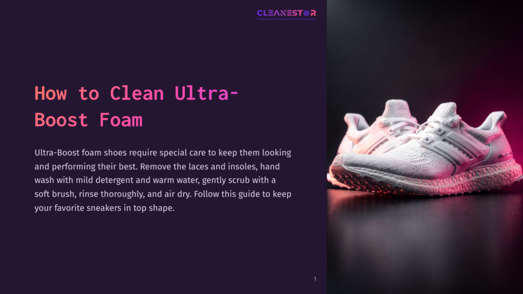 White Adidas Ultraboost Sneakers Resting On A Dark, Moody Background With Pink And Blue Lighting. The Text &Quot;How To Clean Ultra-Boost Foam&Quot; Is Visible On The Left.