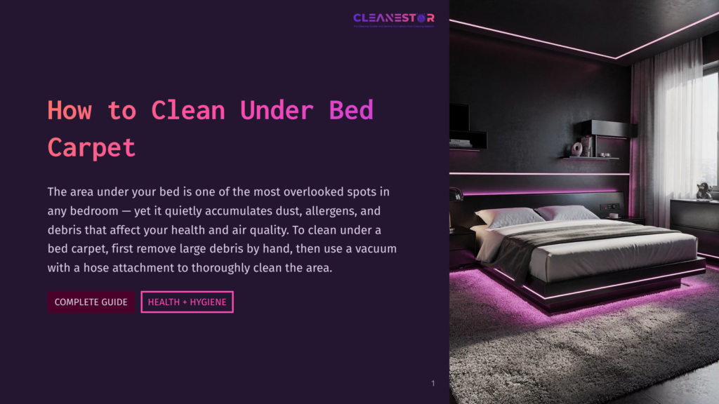 Modern Bedroom With A Dark, Moody Aesthetic, Featuring A Platform Bed With Pink Led Lighting, A Plush Rug, And A Large Window. Text Overlay &Quot;How To Clean Under Bed Carpet.