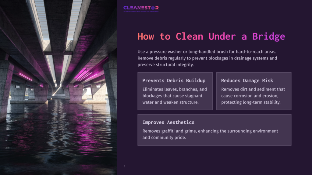 Under A Concrete Bridge With Pink Neon Lights, A Dark, Reflective Body Of Water Shows The Bridge'S Reflection. Text On The Right Reads &Quot;How To Clean Under A Bridge&Quot; And Details Cleaning Benefits.