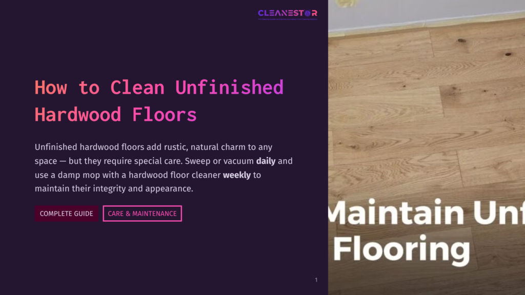1 How To Clean Unfinished Hardwood Floors A Slide With The Title &Quot;How To Clean Unfinished Hardwood Floors&Quot; In Large Pink Text On A Dark Purple Background. The Text &Quot;Cleanestor&Quot; Is At The Top Right. The Right Side Of The Slide Shows A Bright, Polished Unfinished Hardwood Floor.
