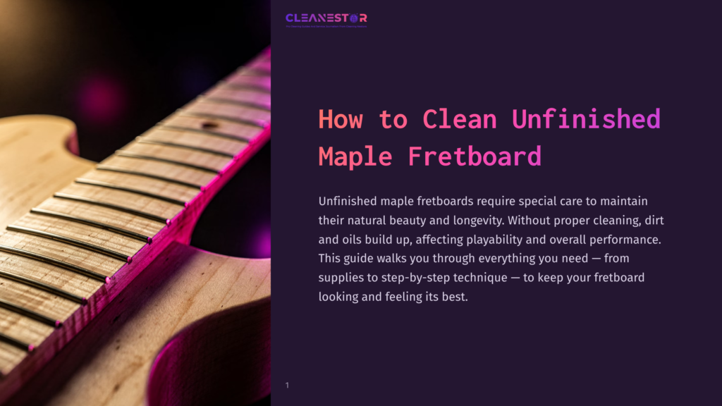 Close-Up Of An Unfinished Maple Guitar Fretboard With Frets, Showcasing The Natural Wood Grain. Purple And Pink Lighting Illuminates The Neck And Strings, Hinting At The &Quot;How To Clean Unfinished Maple Fretboard&Quot; Guide.