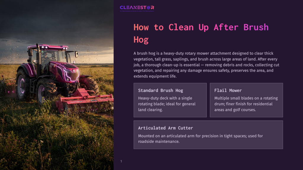 Purple Tractor With A Brush Hog Attachment Clearing A Field Of Tall Grass And Debris Under A Bright Sky.