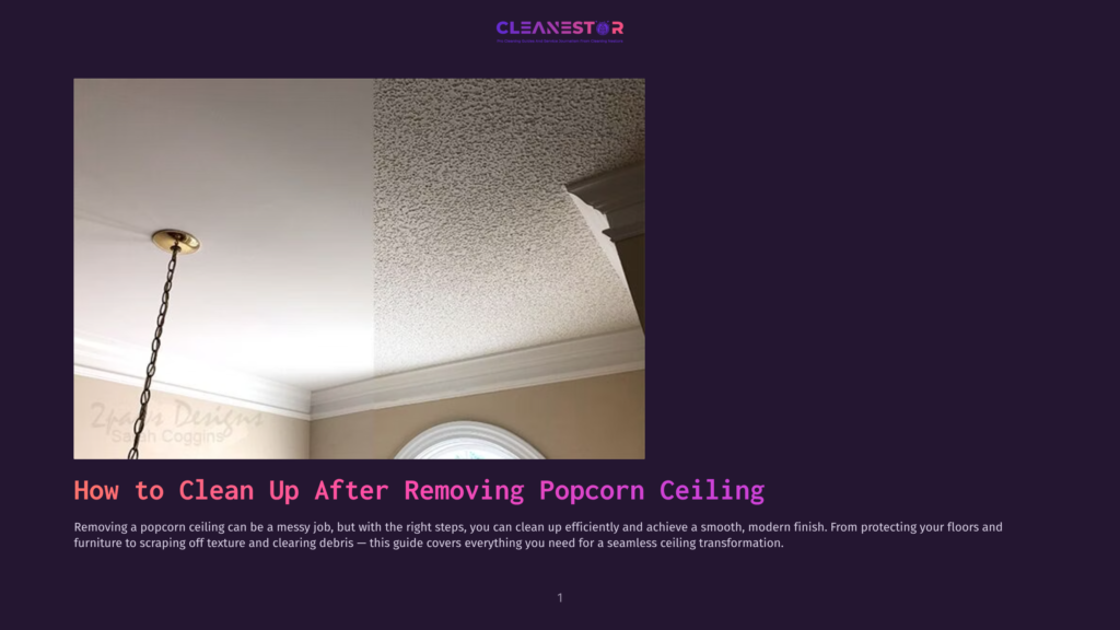 1 How To Clean Up After Removing Popcorn Ceiling Split Image Showing A Popcorn Ceiling Being Removed, Revealing A Smooth, Modern Ceiling On The Left, With The Textured Popcorn Ceiling Still Visible On The Right. The Image Highlights The Transformation From Textured To Smooth Ceiling.