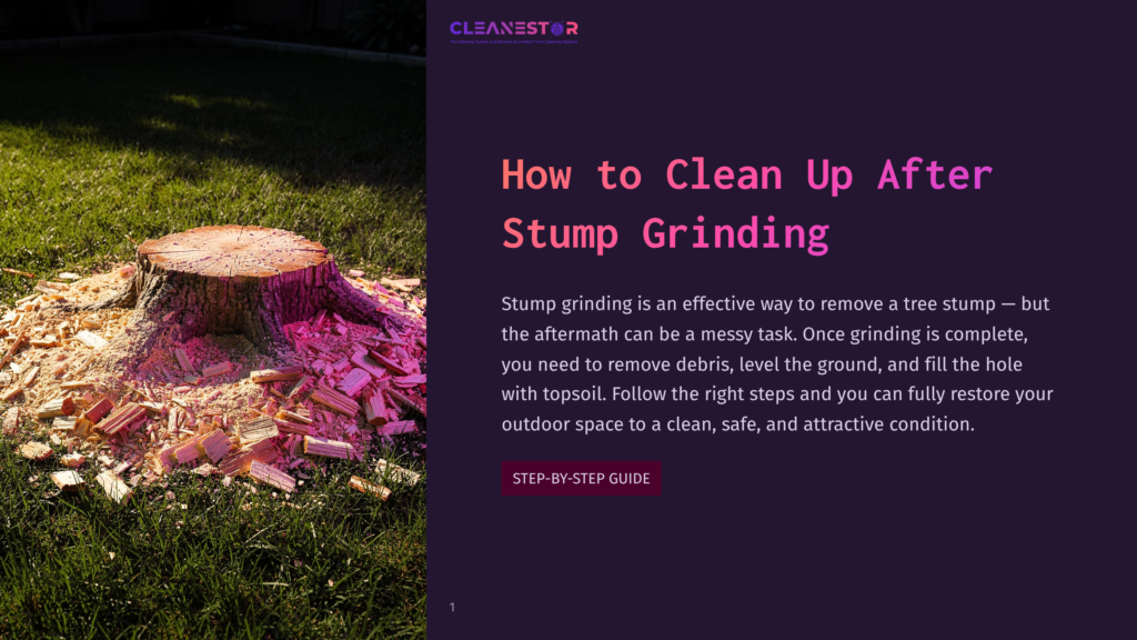 A Freshly Ground Tree Stump Sits In A Yard, Surrounded By Wood Chips And Sawdust. The Image Is Part Of A &Quot;How To Clean Up After Stump Grinding&Quot; Guide.