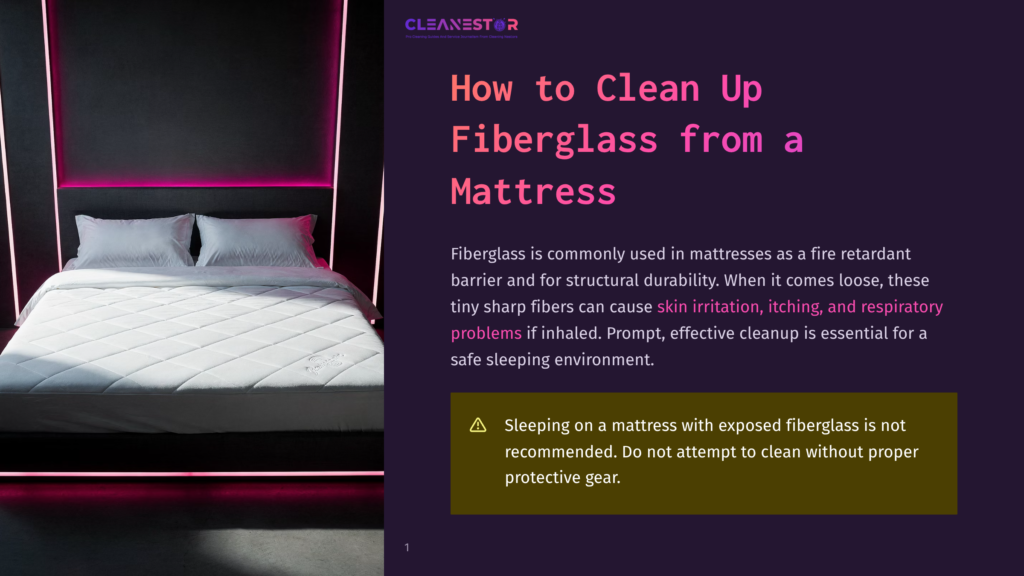A Modern Bedroom With A Mattress On A Bed Frame, Illuminated By Pink Neon Lights. Text Overlay Reads: &Quot;How To Clean Up Fiberglass From A Mattress.