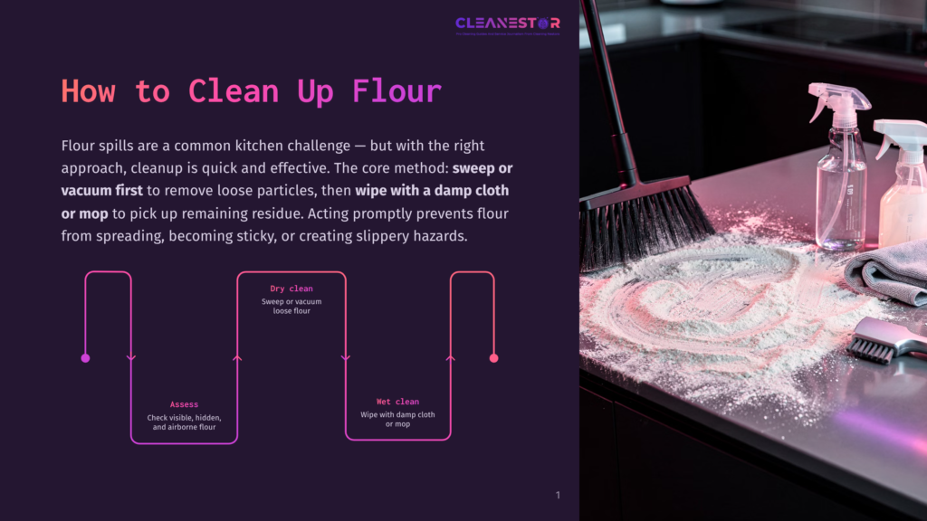 1 How To Clean Up Flour A Dark Kitchen Counter Is Covered In Spilled White Flour, With A Broom Sweeping It And Cleaning Supplies Nearby. &Quot;How To Clean Up Flour&Quot; Text Is Visible.
