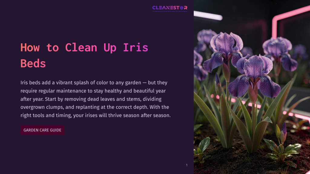 Vibrant Purple Irises Bloom In Rich Soil, With Lush Green Leaves And Stems. The Image Is From A Garden Care Guide Titled &Quot;How To Clean Up Iris Beds,&Quot; Emphasizing Iris Maintenance.