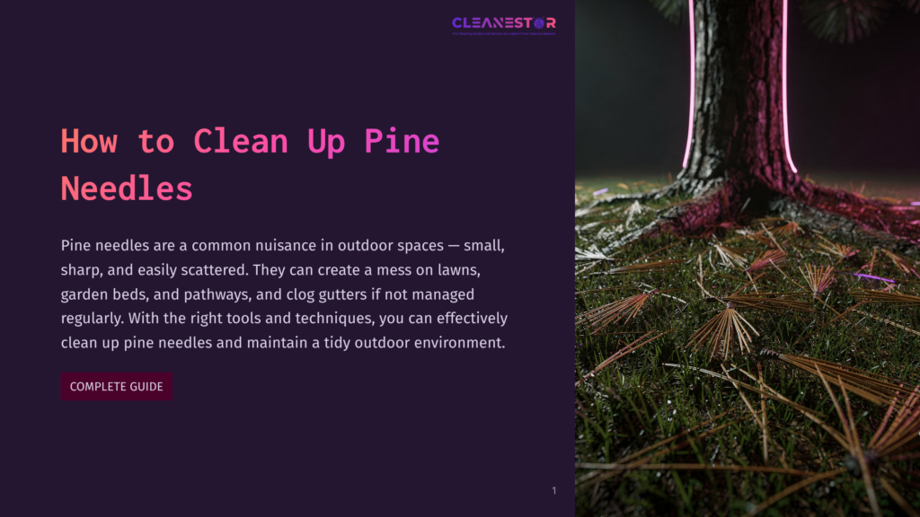 Close-Up Of Pine Needles Scattered On Green Grass Around The Base Of A Tree, With Neon Pink Lighting Accentuating The Scene. Text Overlay Reads &Quot;Cleanestor&Quot; And &Quot;How To Clean Up Pine Needles&Quot;.