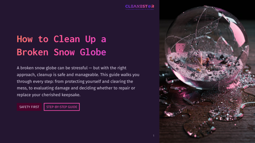 A Shattered Snow Globe Lies On A Dark Wooden Surface, Its Glass Broken And Glittery Liquid Spilled, With Pink And Purple Light Reflecting Off The Mess. Text Reads &Quot;How To Clean Up A Broken Snow Globe.