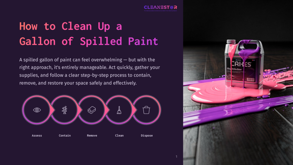 A Large Jug Of Purple And Pink Paint Spills Across A Dark Wooden Floor, Creating A Vibrant, Abstract Design. Text Reads &Quot;Cleanestar&Quot; And &Quot;Cakes Glitter View&Quot;.