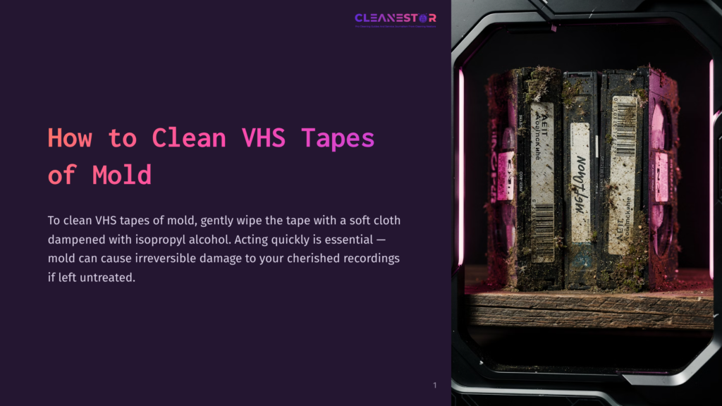 Close-Up Of Moldy Vhs Tapes Stacked On A Wooden Shelf, With A Pink Light Illuminating The Scene. Text Reads &Quot;Cleanestor&Quot;.