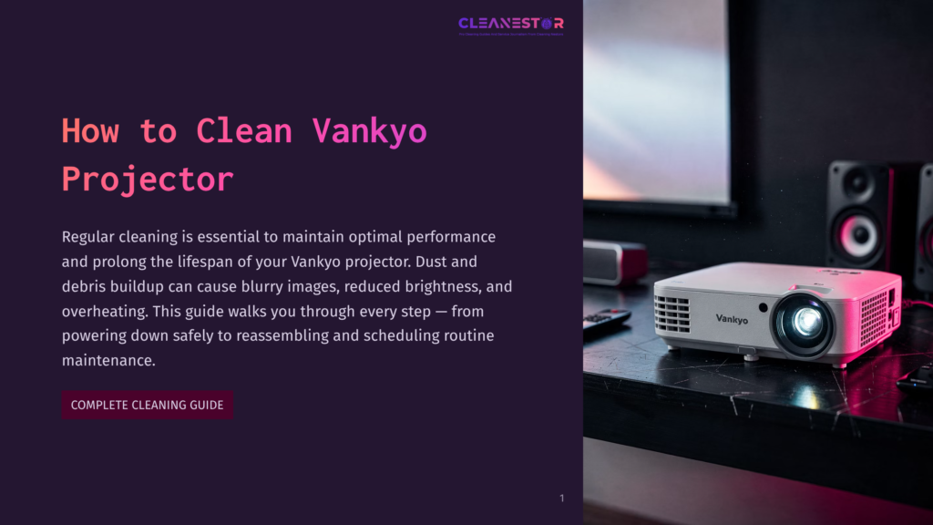 A Vankyo Projector Sits On A Dark, Glossy Surface Next To Two Black Speakers, With A Remote Control Nearby. The Scene Is Lit, Highlighting The Projector&Amp;Apos;S Lens And The Text &Quot;How To Clean Vankyo Projector&Quot; On The Left. A Cleanestor Logo Is Visible At The Top.