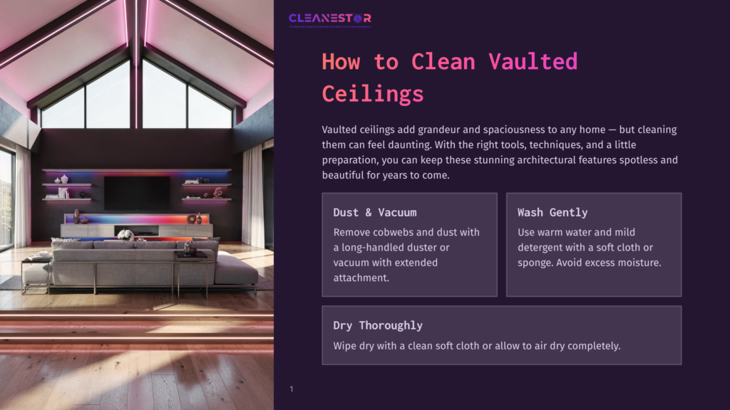 A Modern Living Room With Vaulted Ceilings, Featuring A Large Sectional Sofa, Entertainment Center With Colorful Led Lighting, And Floor-To-Ceiling Windows. The Text &Quot;Cleanestor How To Clean Vaulted Ceilings&Quot; Is Visible.
