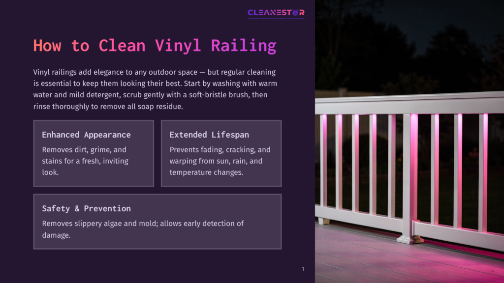 1 How To Clean Vinyl Railing A White Vinyl Railing On A Deck At Night, Illuminated By Pink Outdoor Lights. Text Overlay Reads &Quot;How To Clean Vinyl Railing&Quot; And Details Cleaning Benefits.