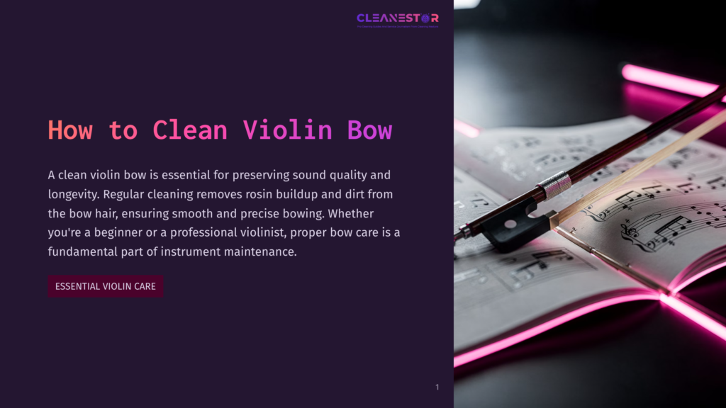 Close-Up Of A Violin Bow Resting On An Open Sheet Music Book, With Vibrant Pink Neon Lights Illuminating The Scene. The Text &Quot;Cleanestar&Quot; Is Visible At The Top.