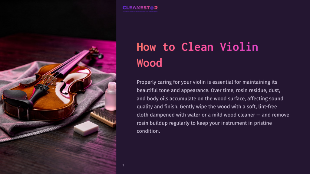 1 How To Clean Violin Wood A Well-Maintained Violin Rests On A Grey Cloth, With A Small Bottle Of Cleaning Solution, A Polishing Brush, And A Cleaning Block Nearby. The Scene Is Lit With Dramatic Purple And Pink Lighting, Highlighting The Wood Grain.