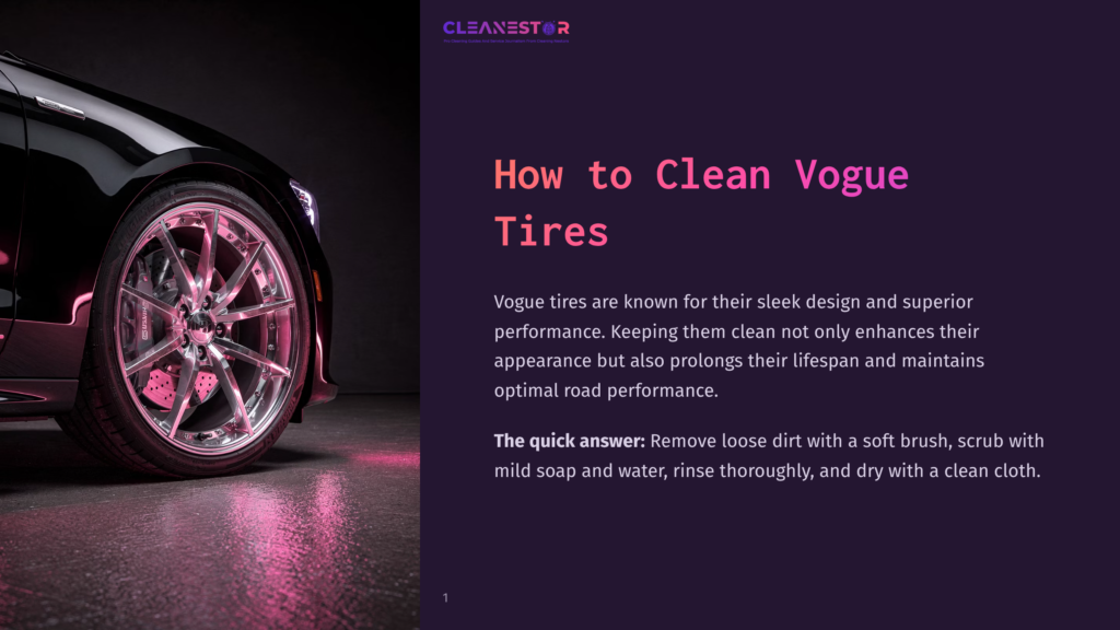 Close-Up Of A Sleek, Black Vogue Tire And Chrome Rim On A Luxury Car, Illuminated By Vibrant Pink And Purple Lighting, With The Title &Quot;How To Clean Vogue Tires&Quot; Visible On The Right.