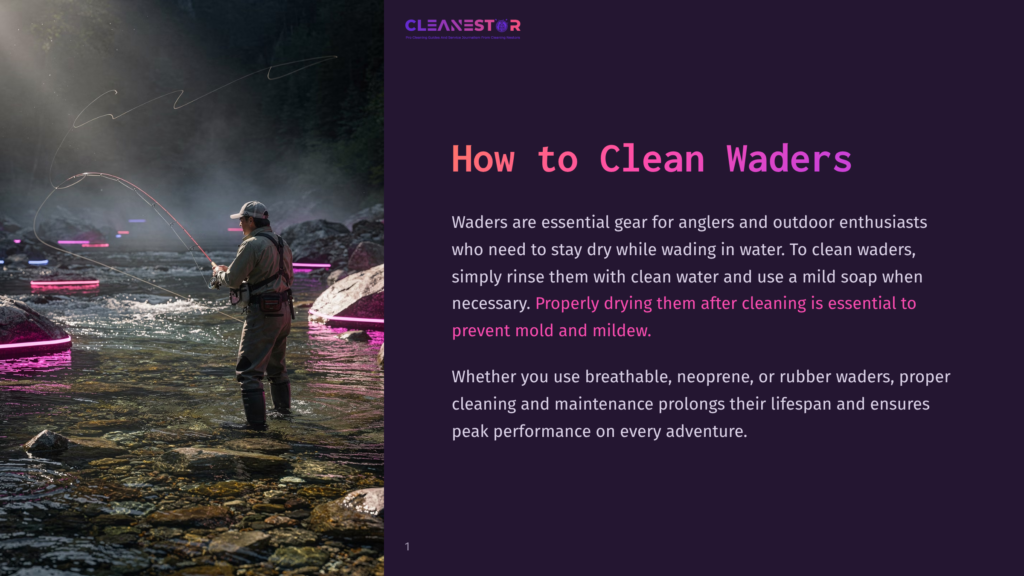 A Fly Fisherman In Waders Stands In A River, Casting A Line Amidst Glowing Pink Lights. The Image Features The Text &Quot;Cleanestor&Quot; And &Quot;How To Clean Waders.