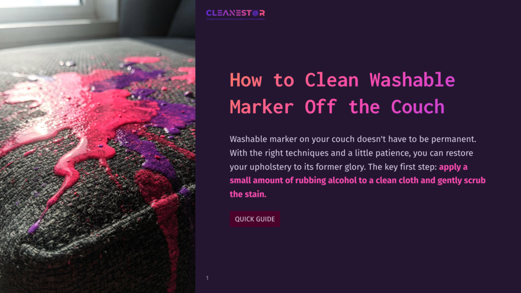 Close-Up Of Washable Marker Stains In Bright Pink And Purple On A Dark Grey Textured Couch Cushion, With A Title Overlaying The Right Side Of The Image: &Quot;How To Clean Washable Marker Off The Couch&Quot;.