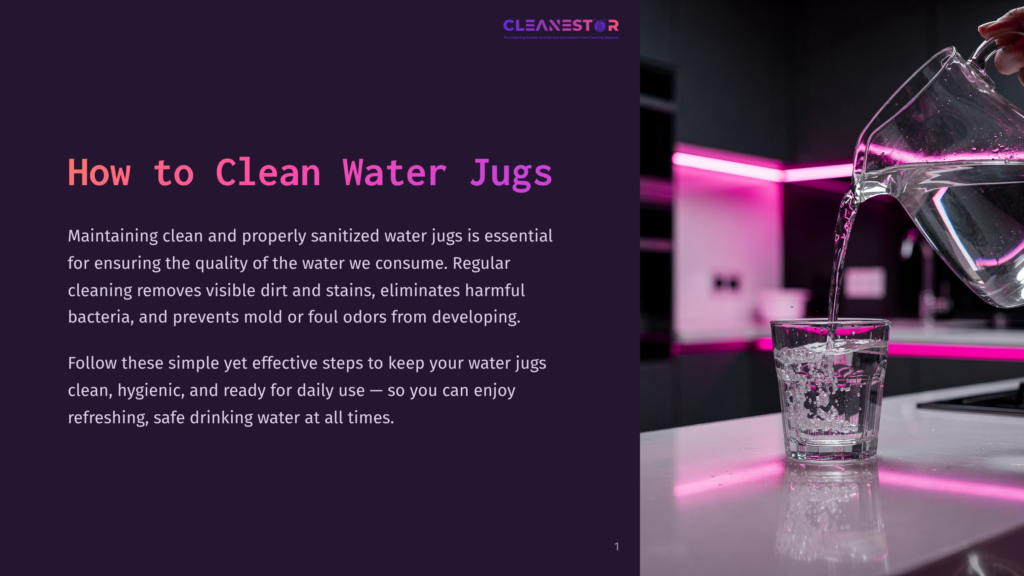 A Hand Pours Clear Water From A Glass Pitcher Into A Glass On A Modern Kitchen Counter With Pink Accent Lighting. The Text &Quot;Cleanestor&Quot; Is Visible.