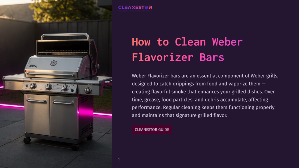 A Stainless Steel Weber Grill With Its Lid Up, Showcasing Its Flavorizer Bars, Sits Outdoors At Dusk With Pink Neon Lights Illuminating The Patio. Text Overlay Reads &Quot;How To Clean Weber Flavorizer Bars&Quot; And &Quot;Cleanestor&Quot;.