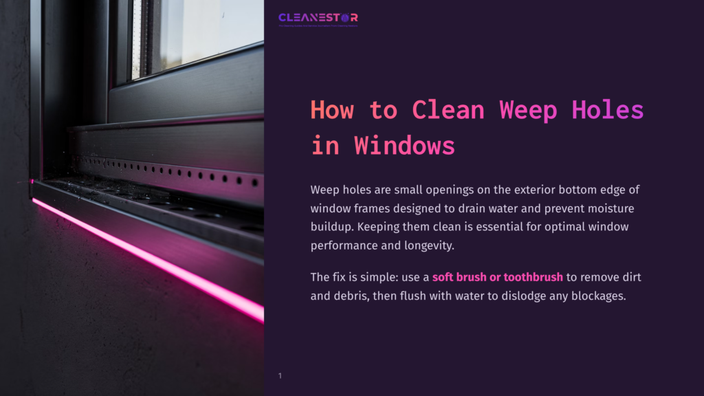 1 How To Clean Weep Holes In Windows Close-Up Of A Dark Window Frame With Numerous Small Weep Holes Along The Bottom Edge, With A Bright Pink Led Light Strip Illuminating The Scene.