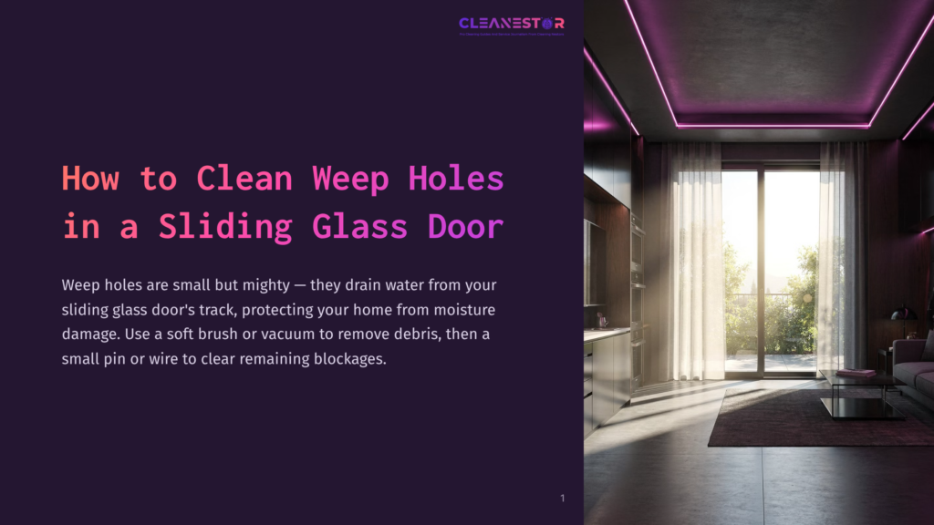 1 How To Clean Weep Holes In A Sliding Glass Door Cleanestor Logo At The Top Of A Dark Purple Slide With The Title &Quot;How To Clean Weep Holes In A Sliding Glass Door&Quot; In Large Pink Text. The Slide Also Contains Helpful Tips For Cleaning Weep Holes.
