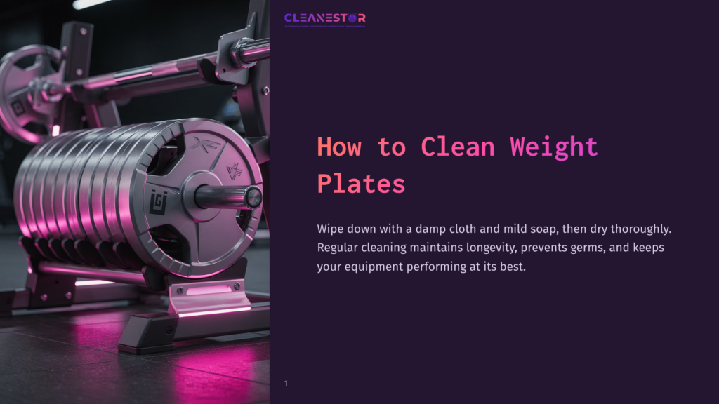 Close-Up Of A Weight Rack Filled With Chrome And Black Olympic Weight Plates, Illuminated By Vibrant Pink And Purple Gym Lighting. The Text &Quot;Cleanestor&Quot; And &Quot;How To Clean Weight Plates&Quot; Is Visible.