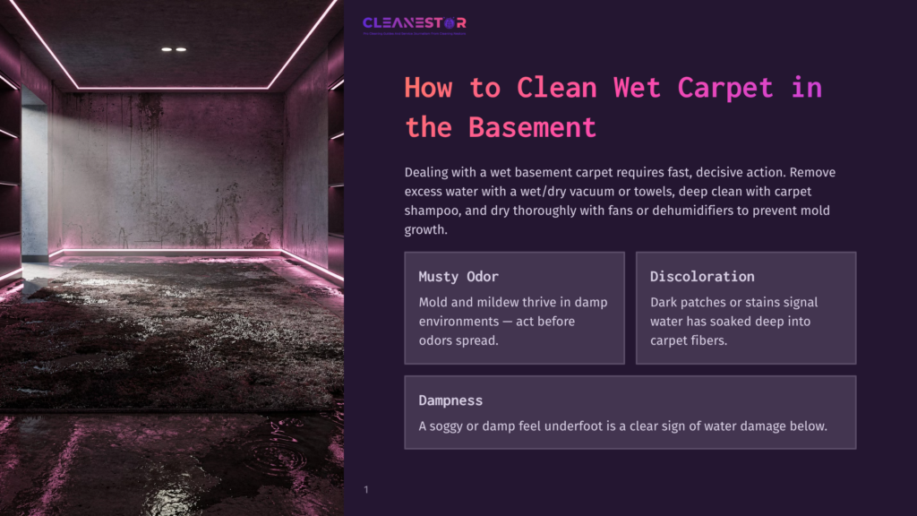 A Dark, Moody Basement Room With Concrete Floors Covered In Dirty Water And Debris, Illuminated By Harsh Pink Neon Lights Outlining The Ceiling And Walls. The Text &Quot;Cleanestor&Quot; Is Visible At The Top Left.