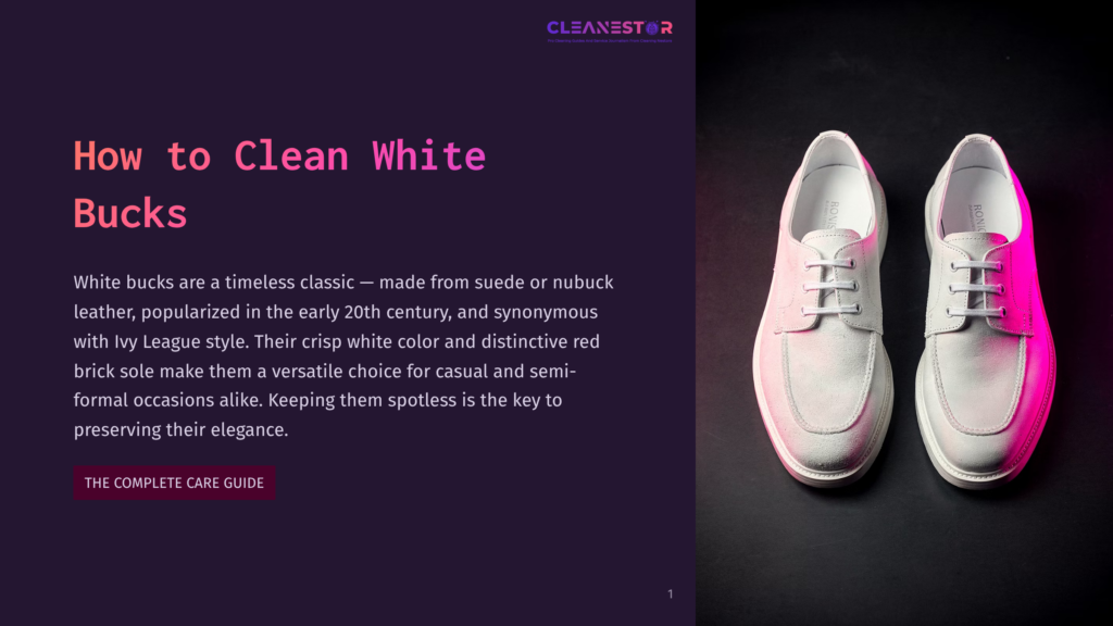 1 How To Clean White Bucks A Pair Of White Suede Or Nubuck Leather Bucks With Pink Soles, A Classic Style Made Popular In The Early 20Th Century, Rests Against A Dark Background. The Text &Quot;How To Clean White Bucks&Quot; Is Displayed Prominently.