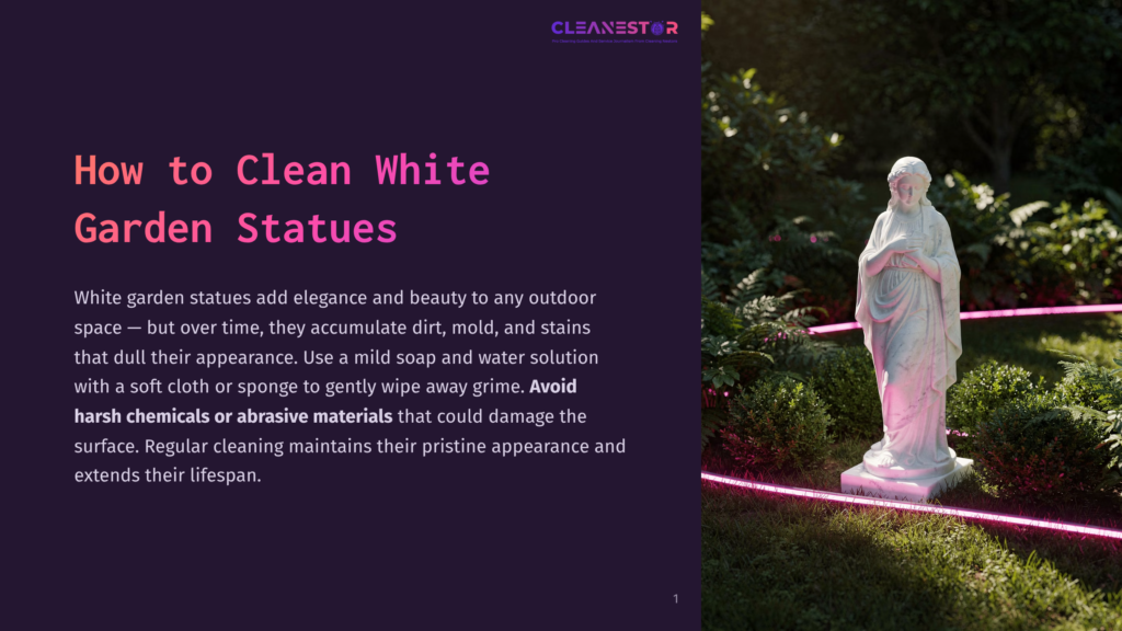 A Pristine White Garden Statue Stands Elegantly Amidst Lush Greenery, With Soft Pink Lighting Highlighting Its Delicate Features Under A Twilight Sky.