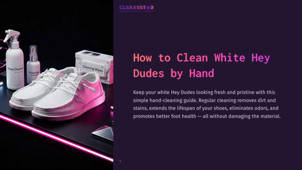 1 How To Clean White Hey Dudes By Hand White Hey Dude Shoes, A Cleaning Spray, Protection Spray, And Cleaning Wipes Are Arranged On A Black Surface With Neon Pink Lighting.